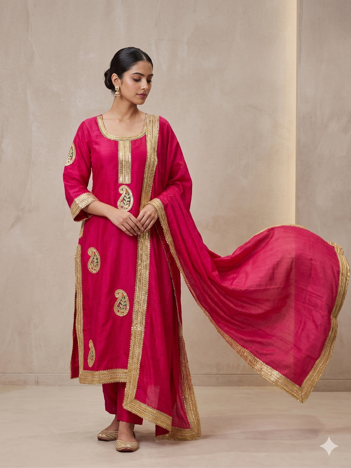 Fuchsia pink suit with pants and Dupatta