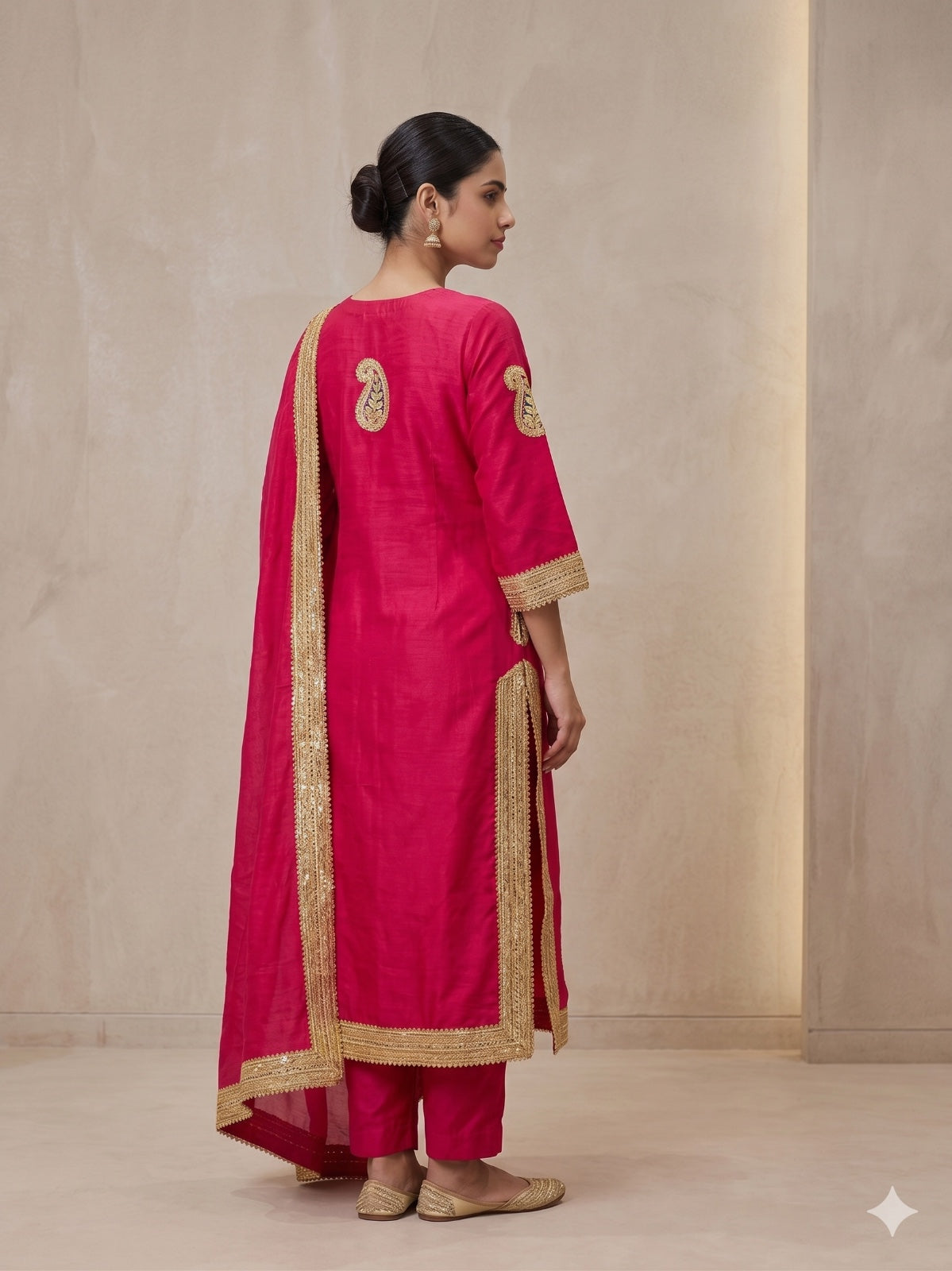 Fuchsia pink suit with pants and Dupatta