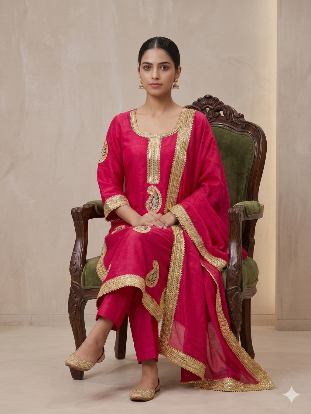 Fuchsia pink suit with pants and Dupatta